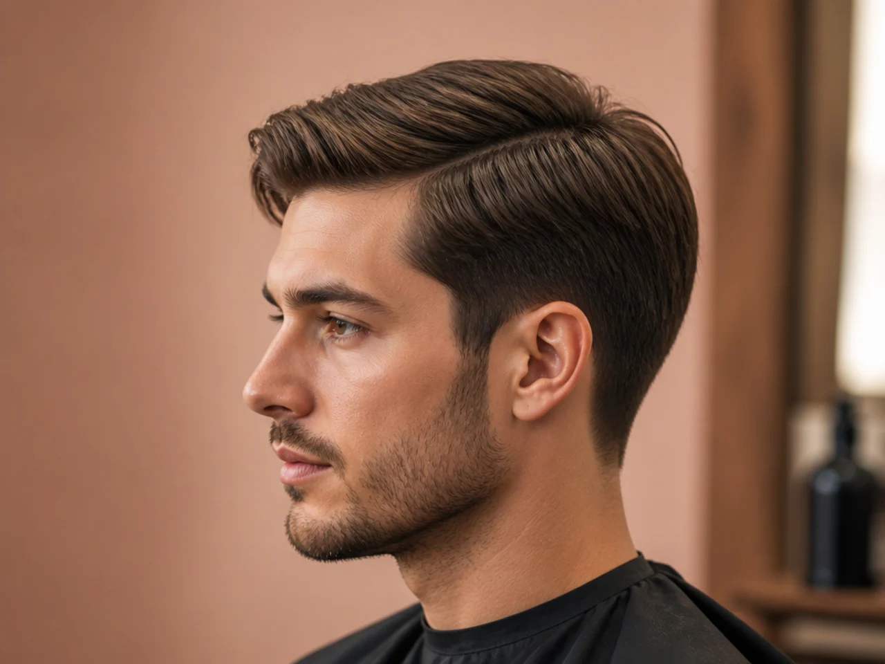 Grown-out Ivy League with soft side part on oval face man with straight brown hair