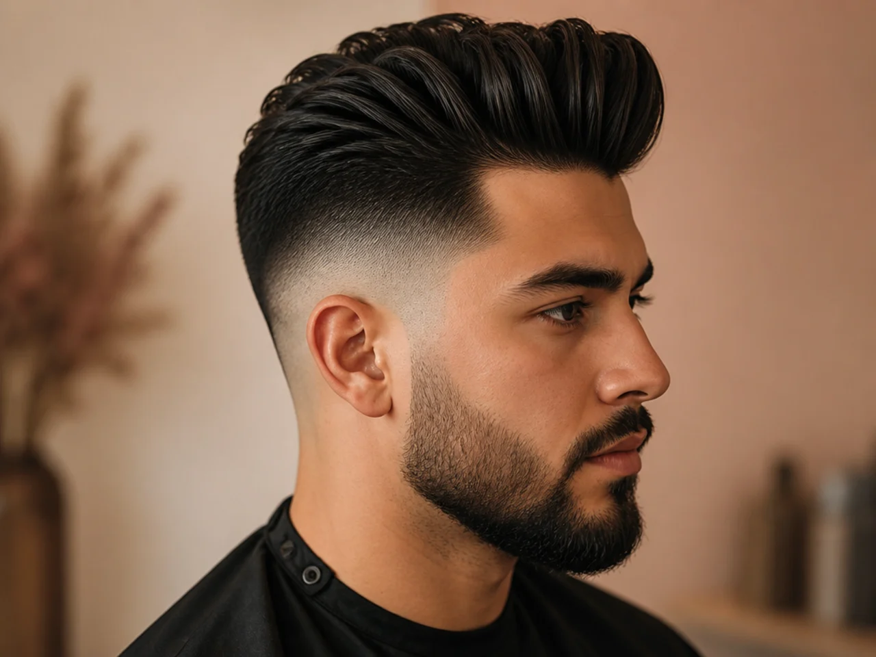 Medium pompadour with high fade on round face man with straight black hair
