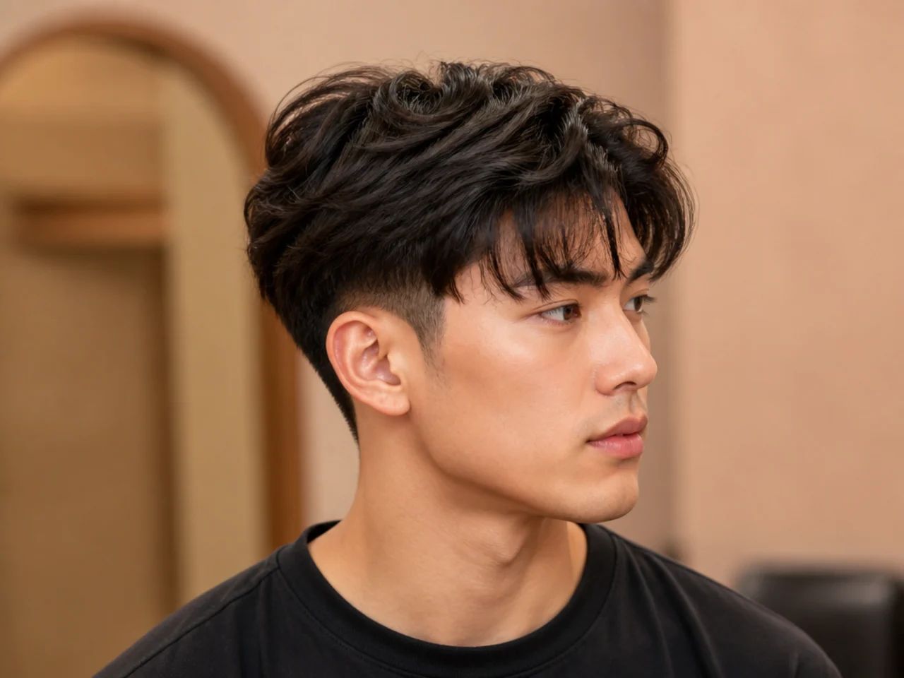 Two block haircut with layered top on round face man with straight black hair
