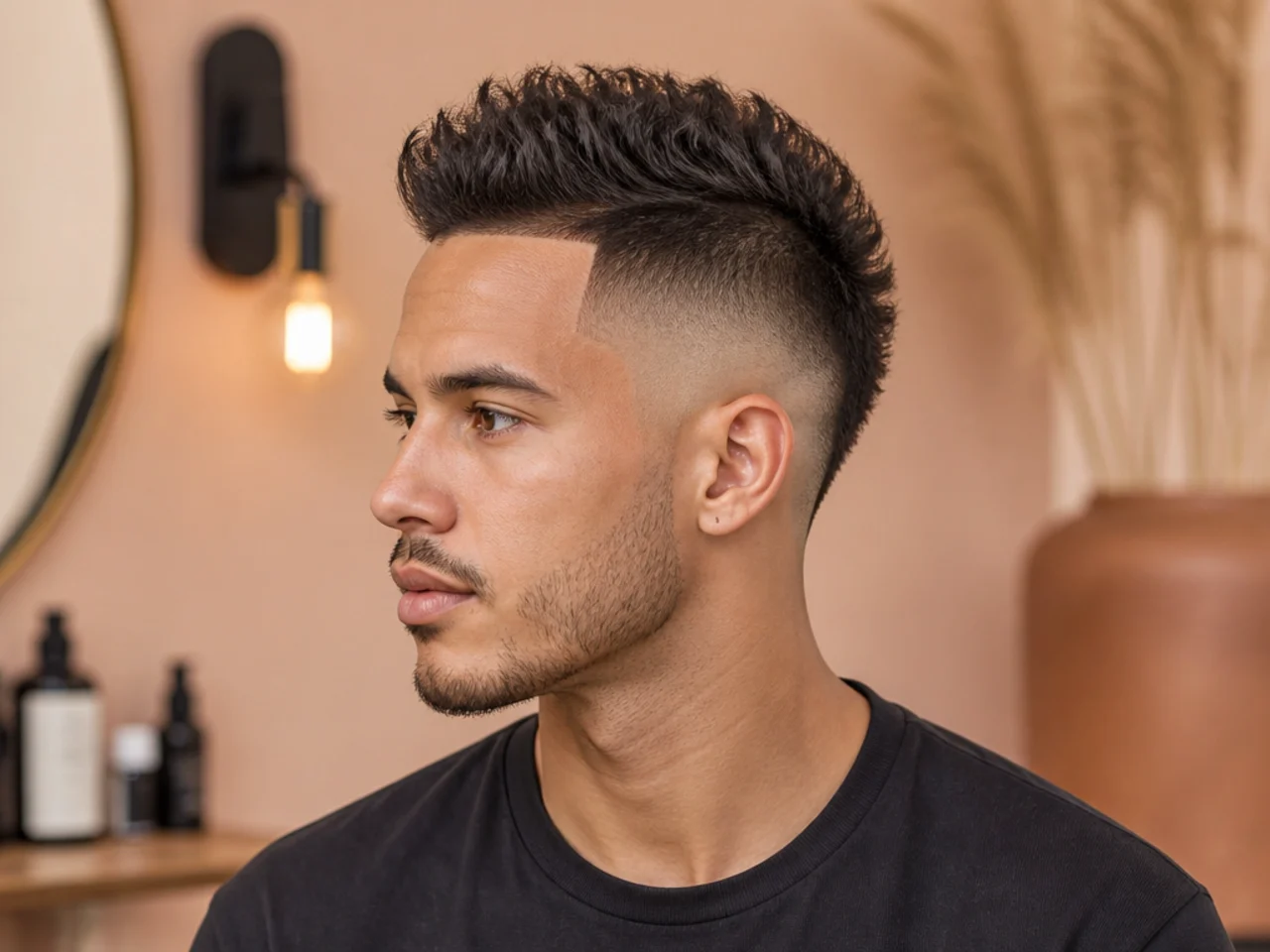 Medium faux hawk with skin fade on round face man with straight brown hair