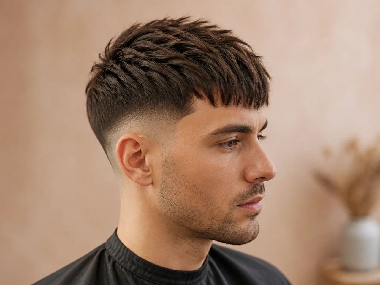 Long French crop with high taper on round face man with dark brown straight hair