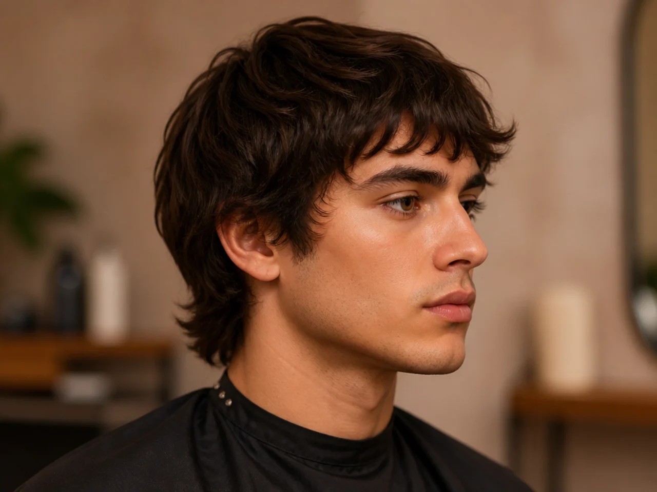 Medium mod cut with rounded crown on square face man with dark wavy hair