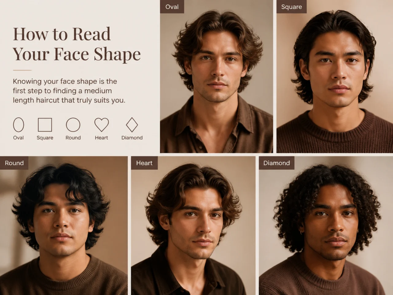 Six male face shapes for medium length haircut selection — oval, round, square, heart, oblong, diamond