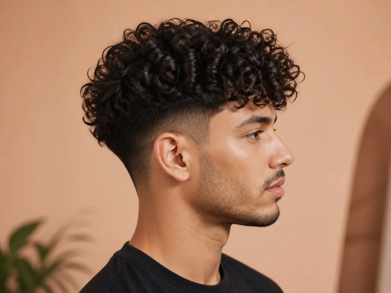 Curly two block haircut with disconnected clipper sides and layered curl top