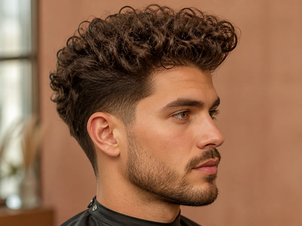Curly textured pompadour with matte finish on 3B hair