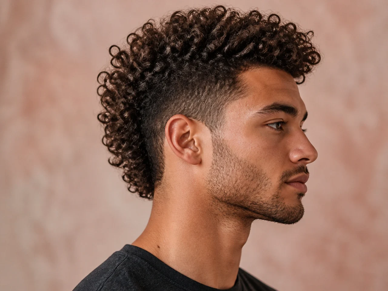 Curly faux hawk with vertical crown column and low fade sides