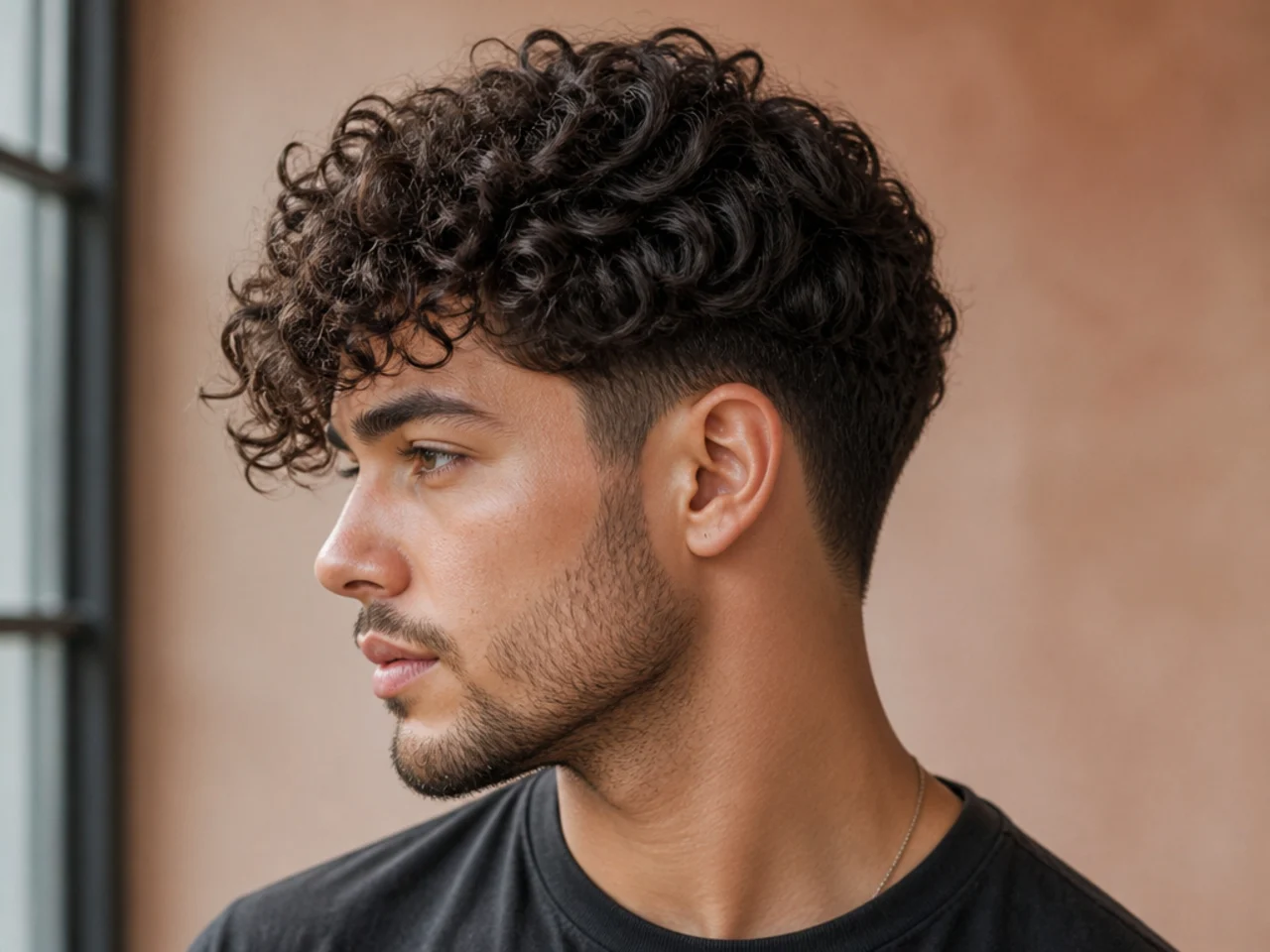 Curly side sweep with low taper fade on medium 3A hair