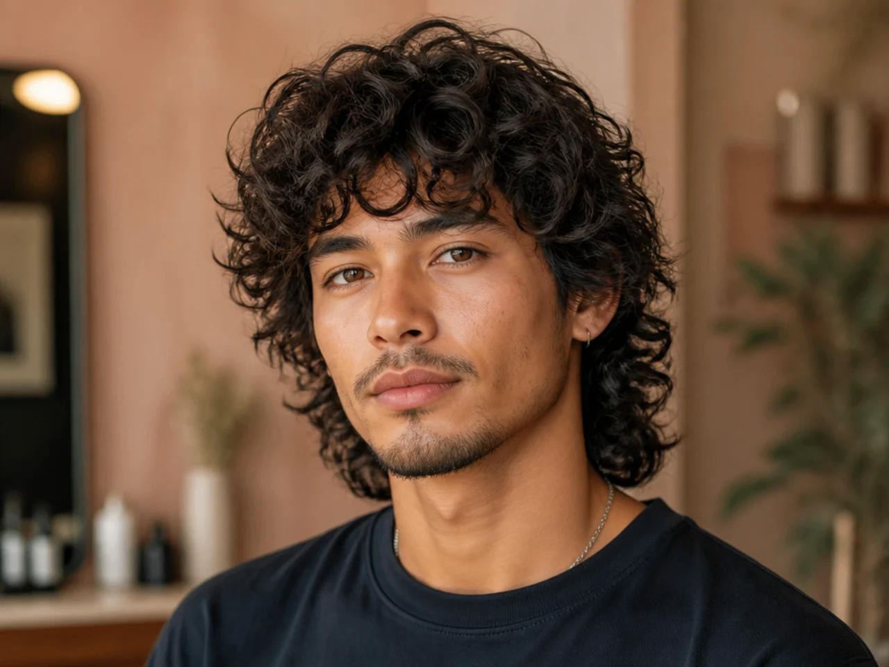 Curly wolf cut with heavy crown volume and face-framing layers