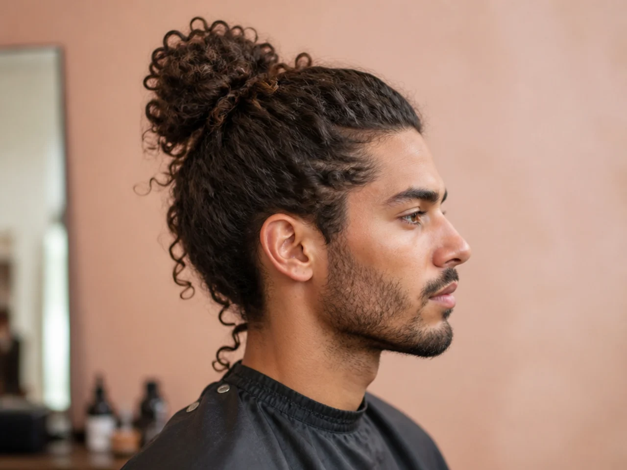 Curly top knot with mid skin fade sides on 3B hair