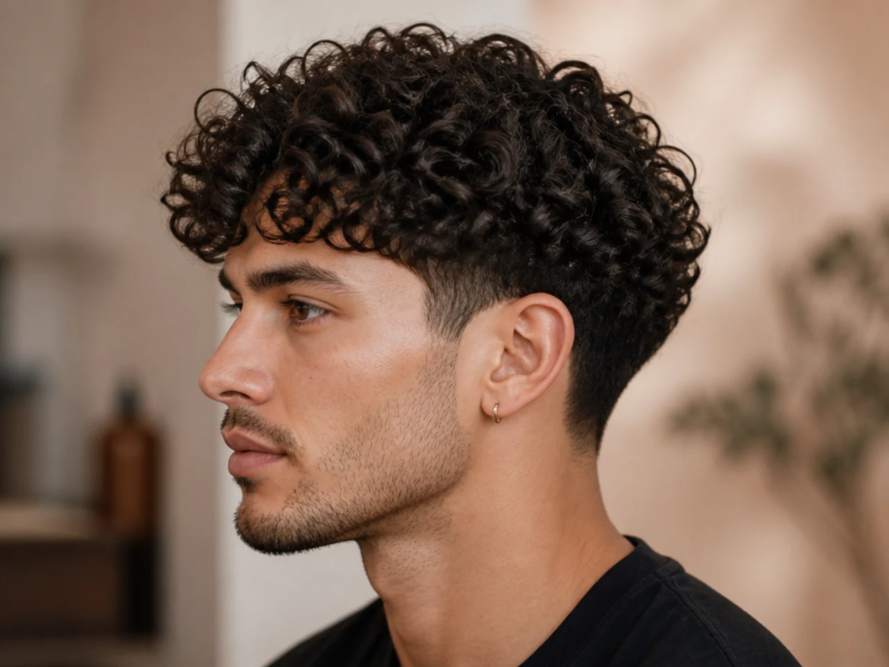Curly fringe with low taper fade on medium length 3B hair