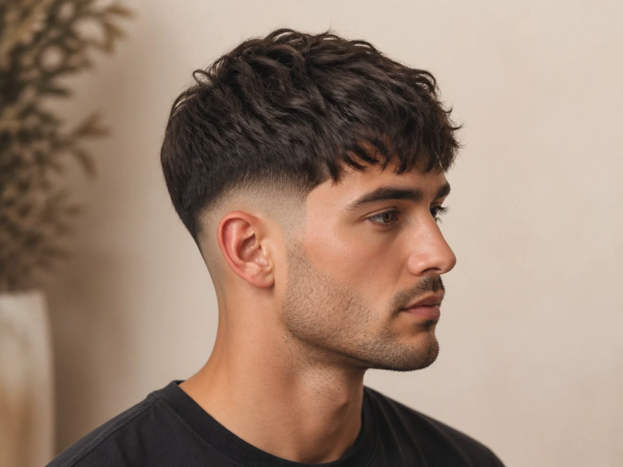 Low fade with medium fringe pushed forward past the brows