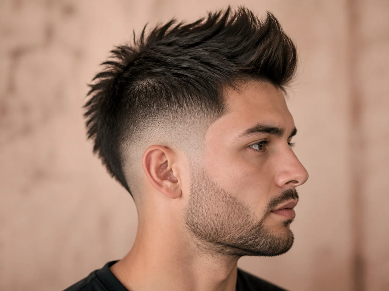 Drop fade with medium faux hawk and lifted center strip