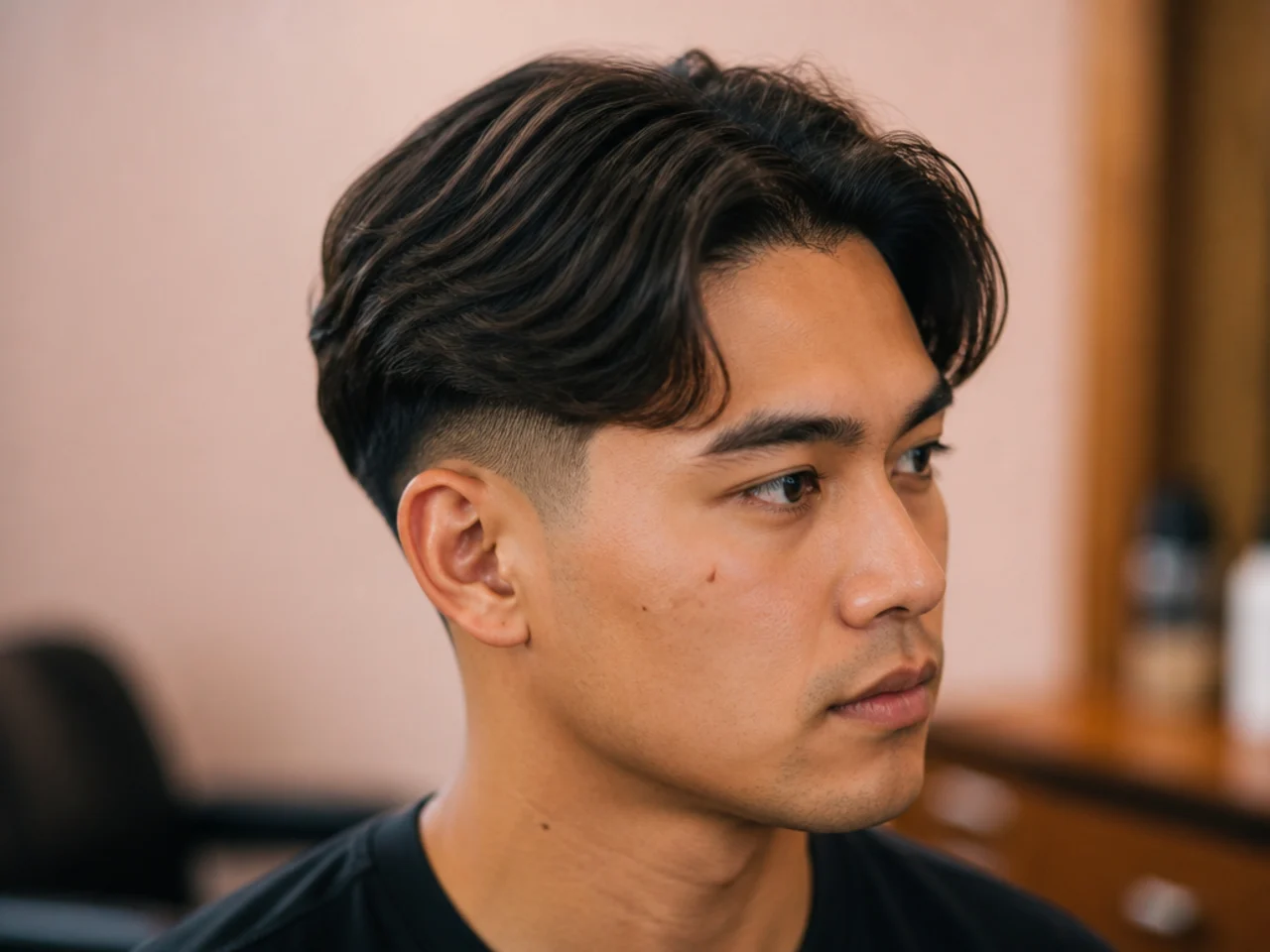 Low taper fade with modern middle part and face-framing layers