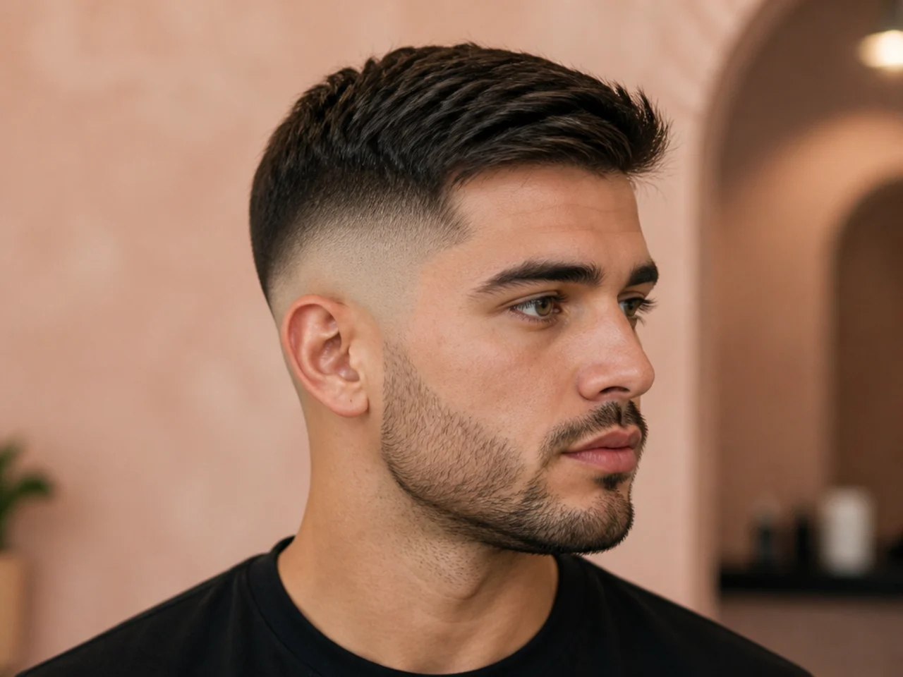 High fade with grown-out Ivy League and soft side part