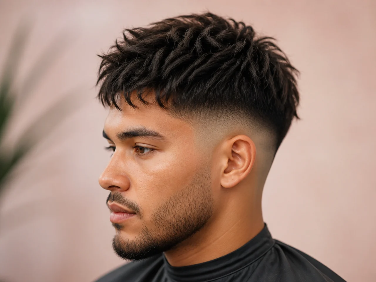 Mid skin fade with textured medium crop and forward-swept fringe