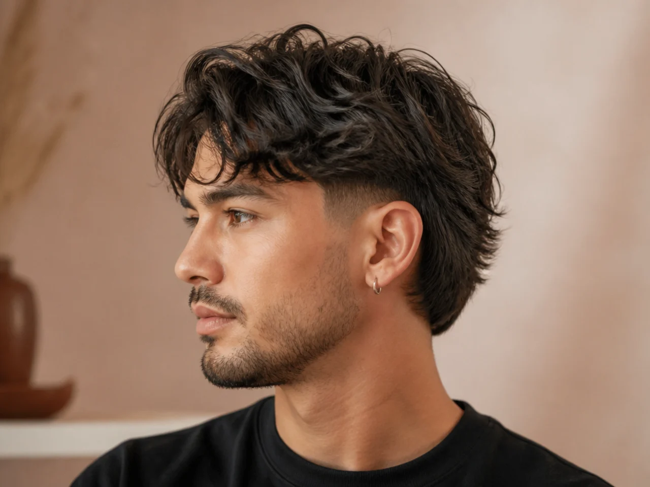 Low taper fade with wavy medium shag and curtain fringe