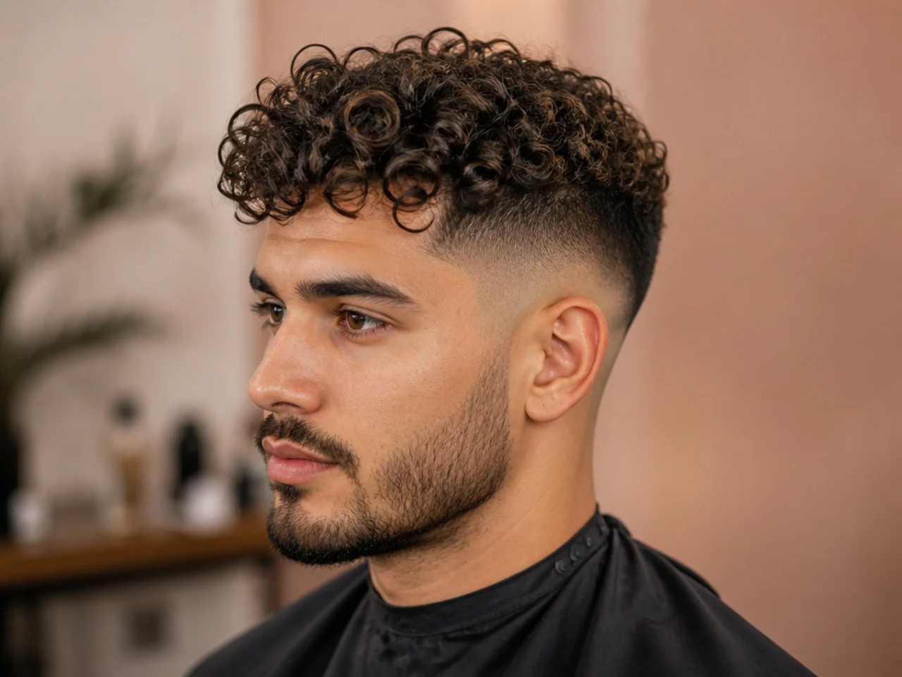 Mid fade with curly medium top on 3B hair