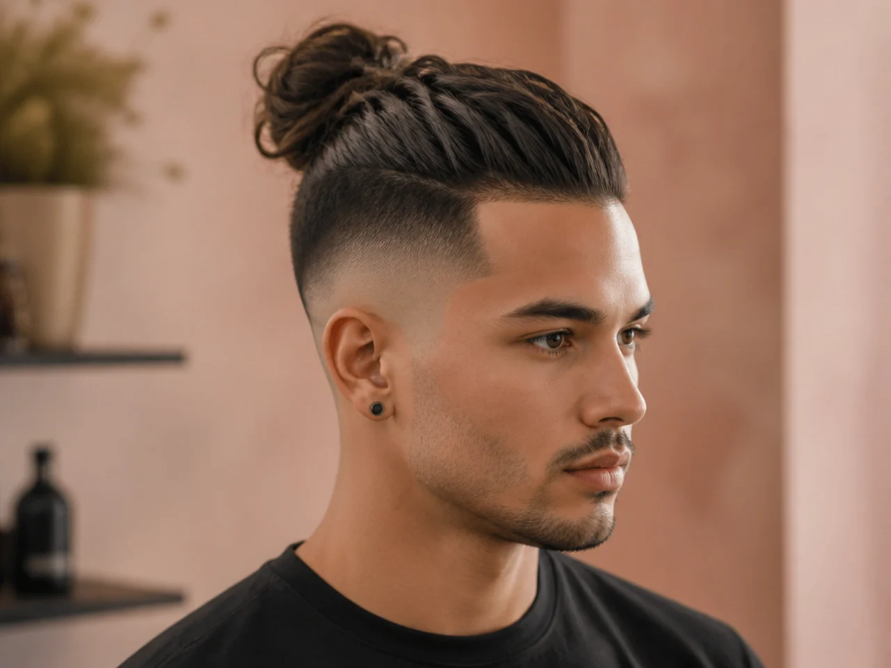 Low bald fade with medium top knot and clean crown