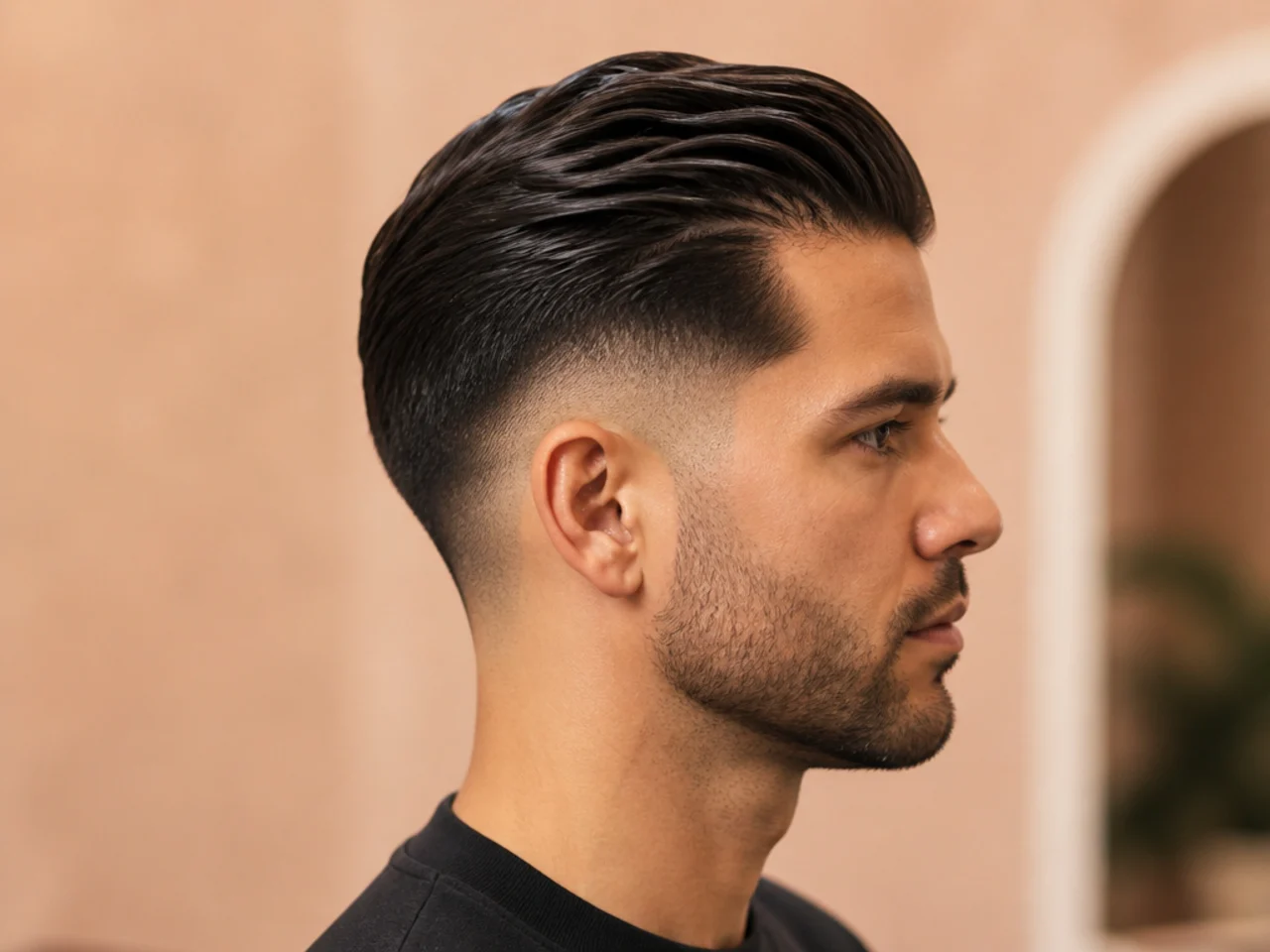 Low fade with modern slick back and pomade shine