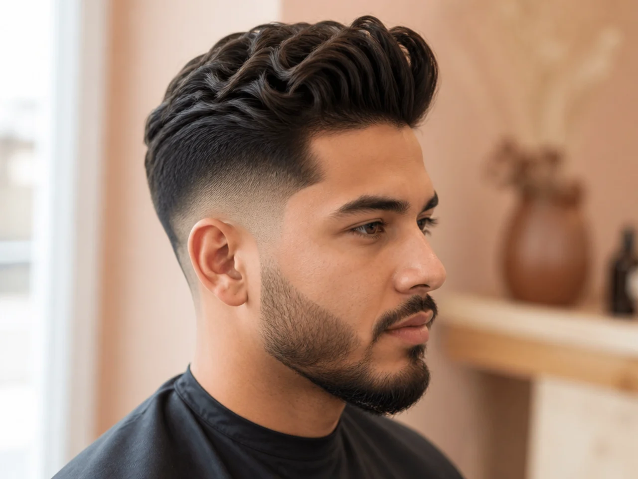 Mid fade with textured pompadour and matte finish