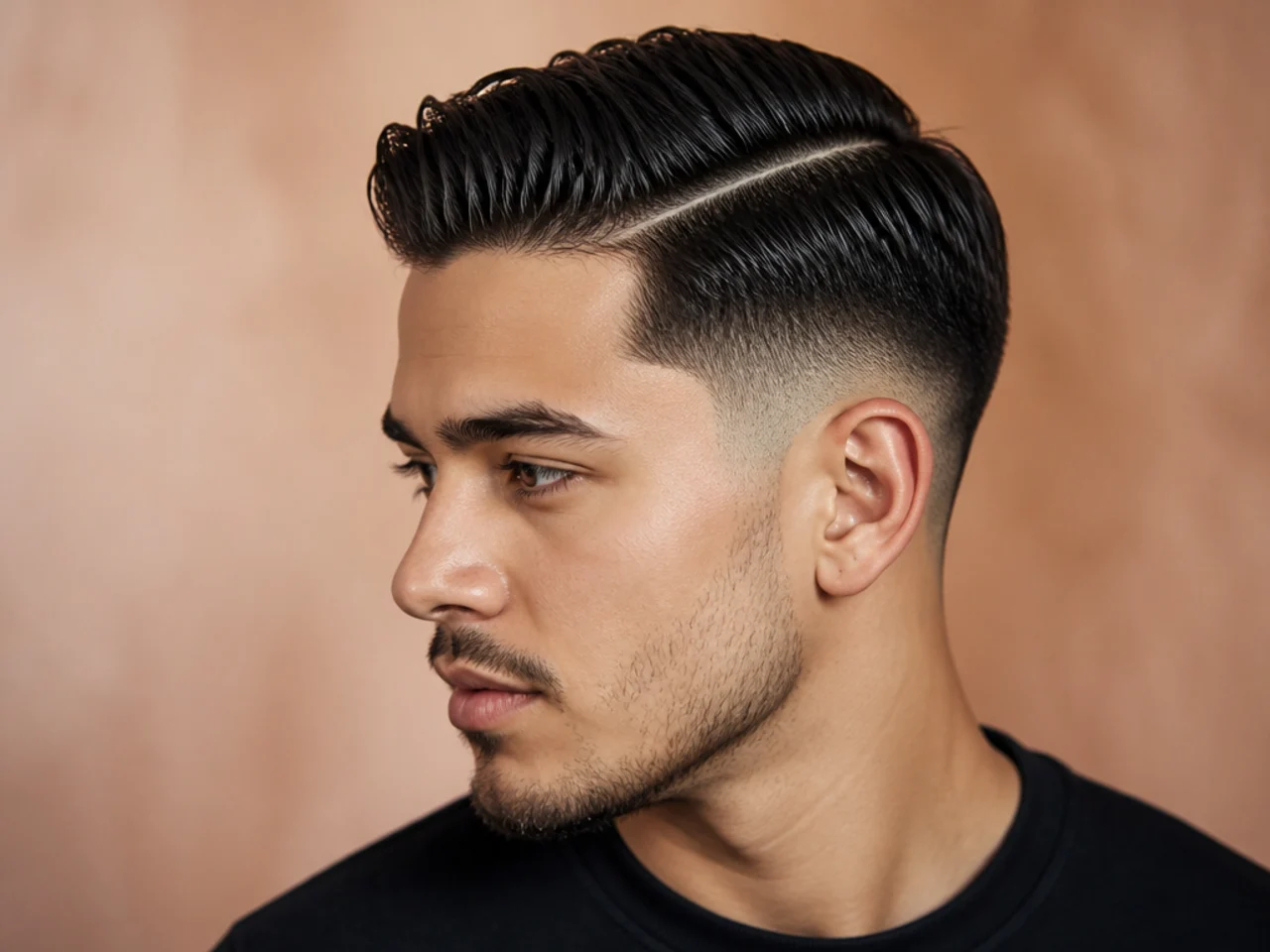 Low fade with classic side part on medium length hair