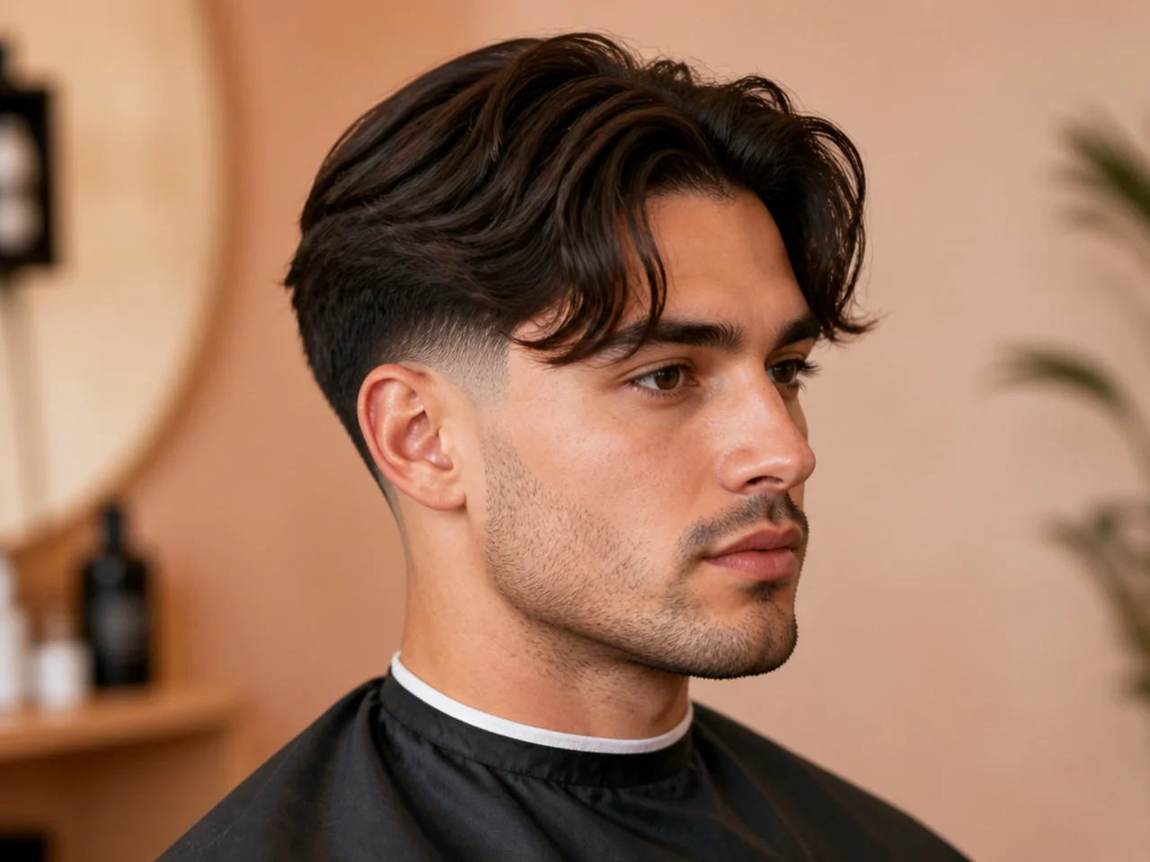Low taper fade with 90s curtain fringe