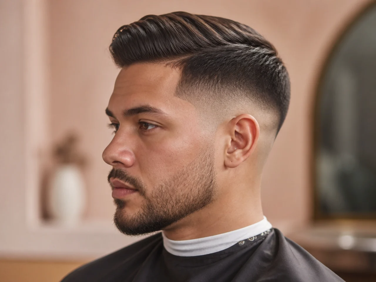Skin fade with medium comb over and hard side part