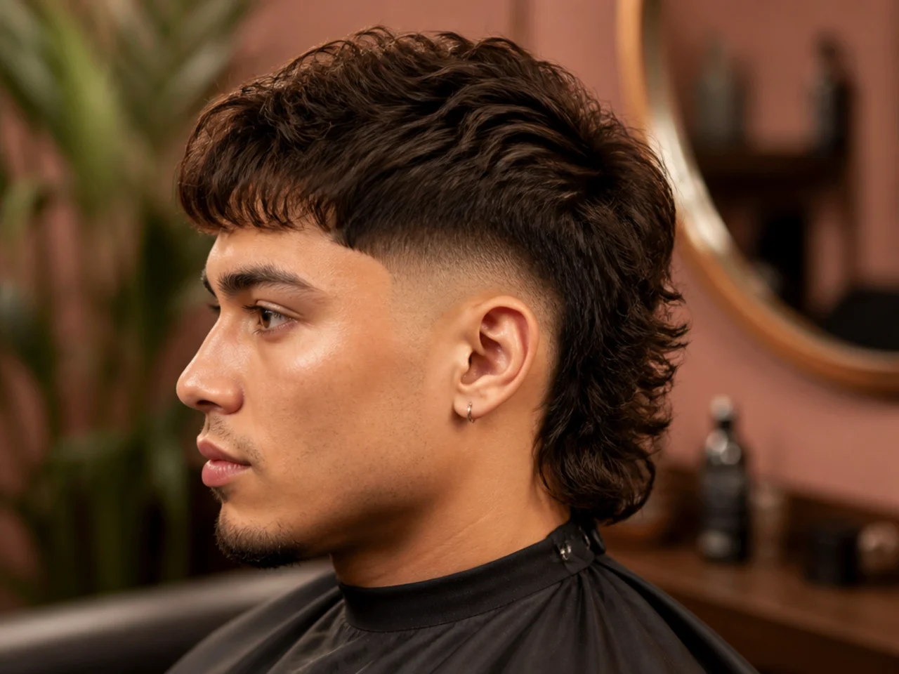Burst fade with modern mullet — curved fade around the ear and grown-out back