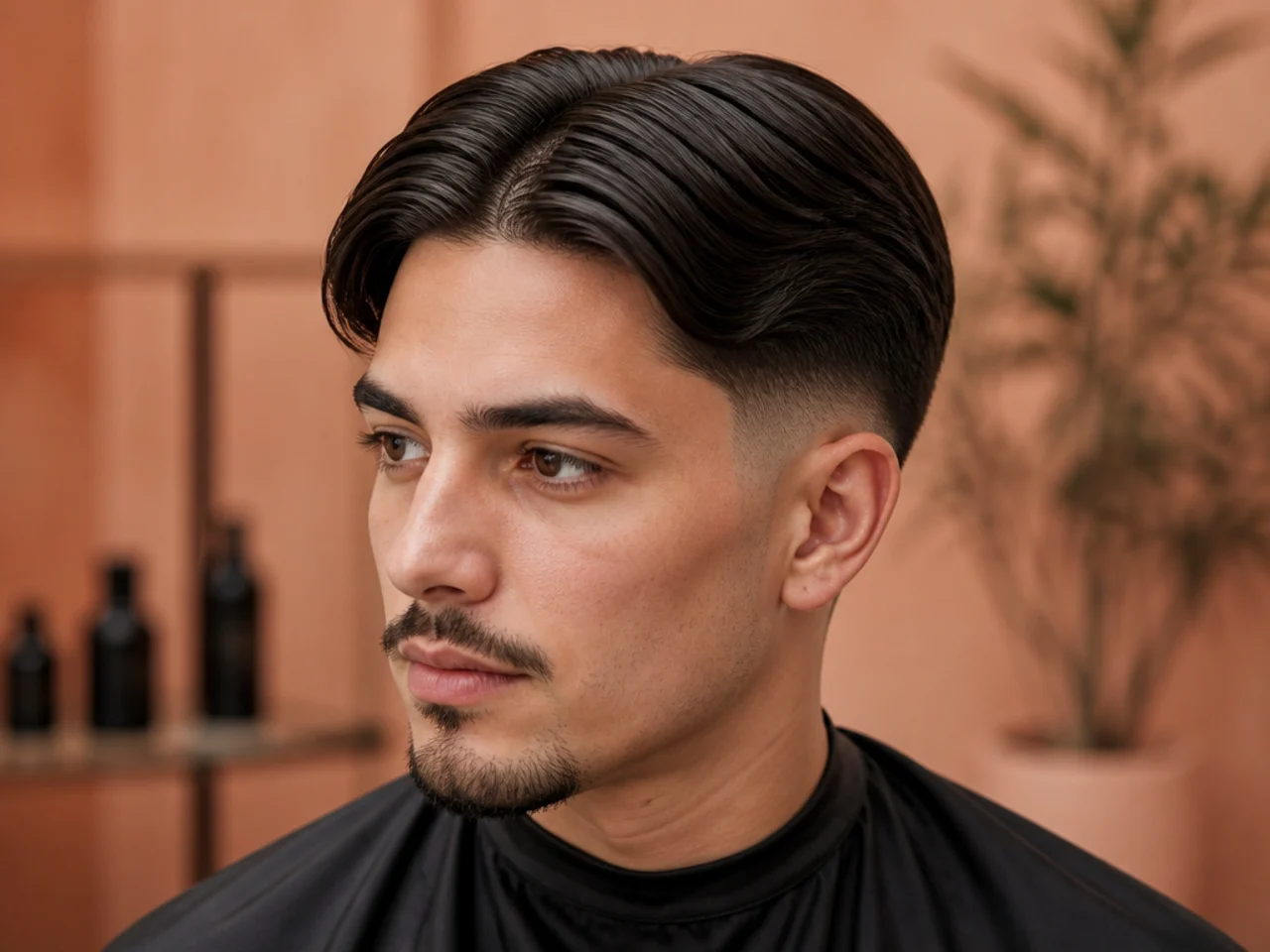 Sleek middle part with low fade on straight hair