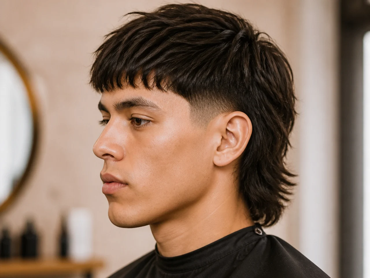 Medium Peso Pluma cut with blunt fringe on straight hair
