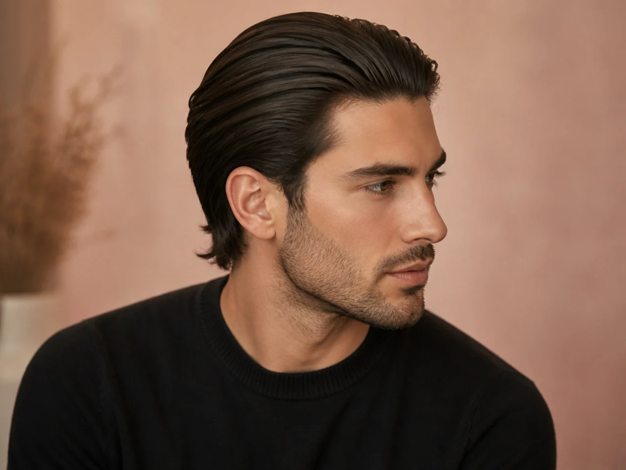 Modern matte slick back on straight medium length hair
