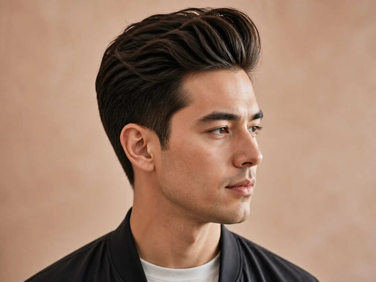 Blowout quiff on medium length straight hair with mid fade