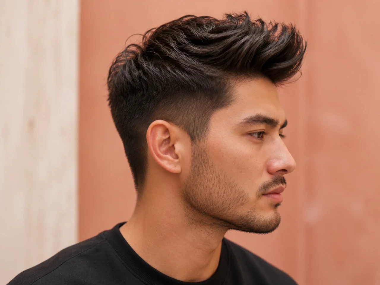 Textured pompadour on straight medium length hair