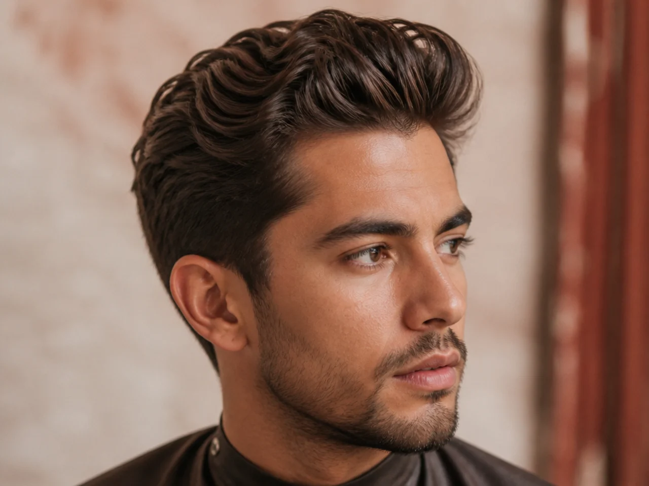 Medium textured pompadour on wavy hair with matte finish