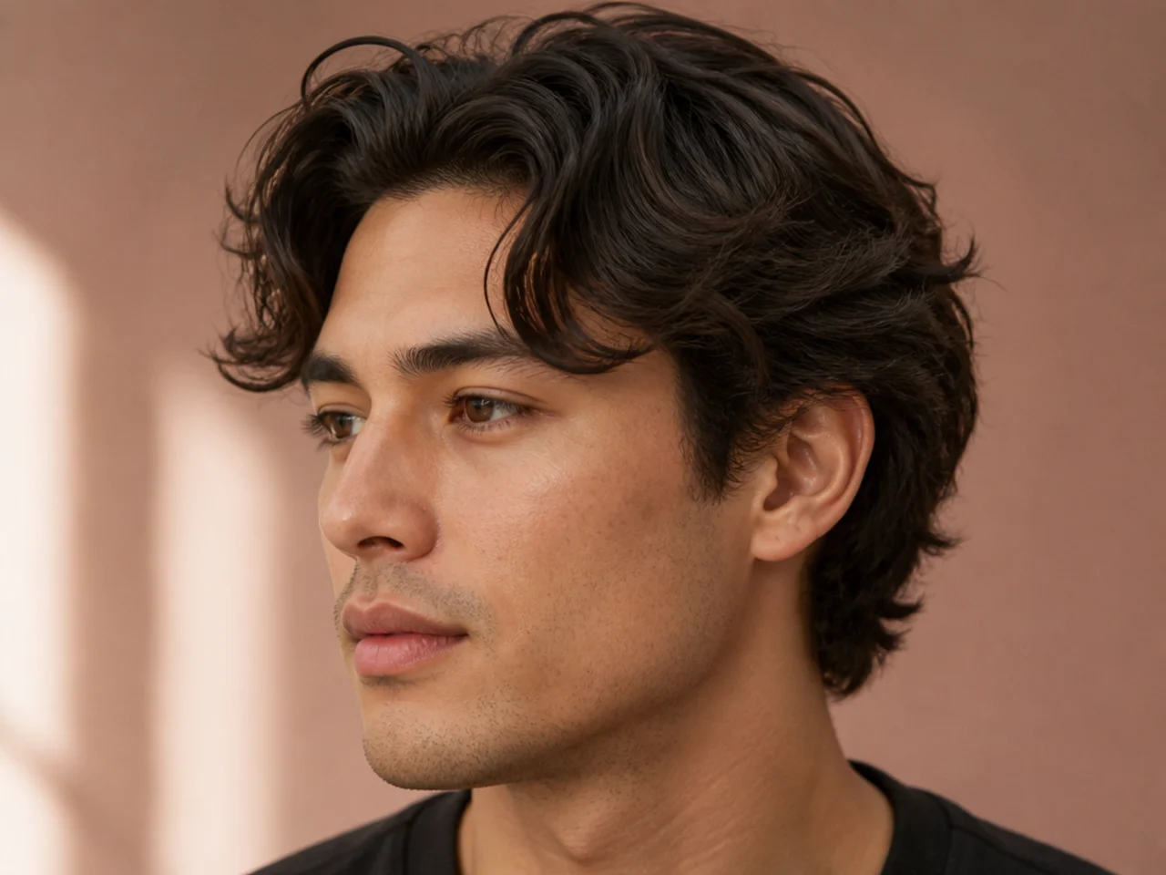 Wavy comma hair with curved front strands and mid fade