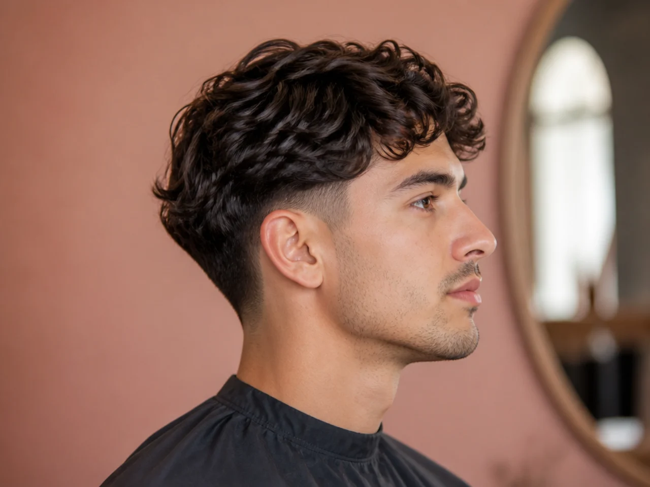 Medium wavy hair with low taper fade sides