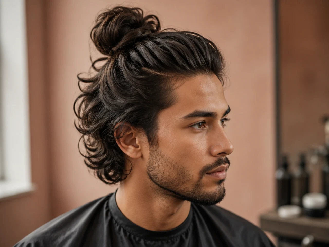 Wavy top knot with medium length top and skin fade sides