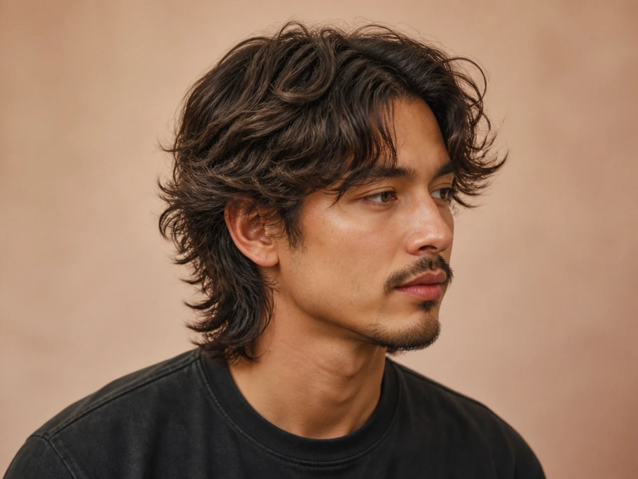 Medium wolf cut with heavy crown volume on wavy hair
