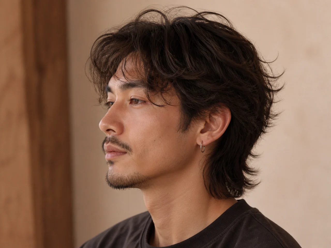 Modern mullet with wavy texture and grown-out back