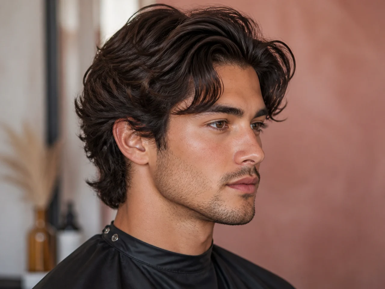Layered medium cut with rounded crown on wavy hair