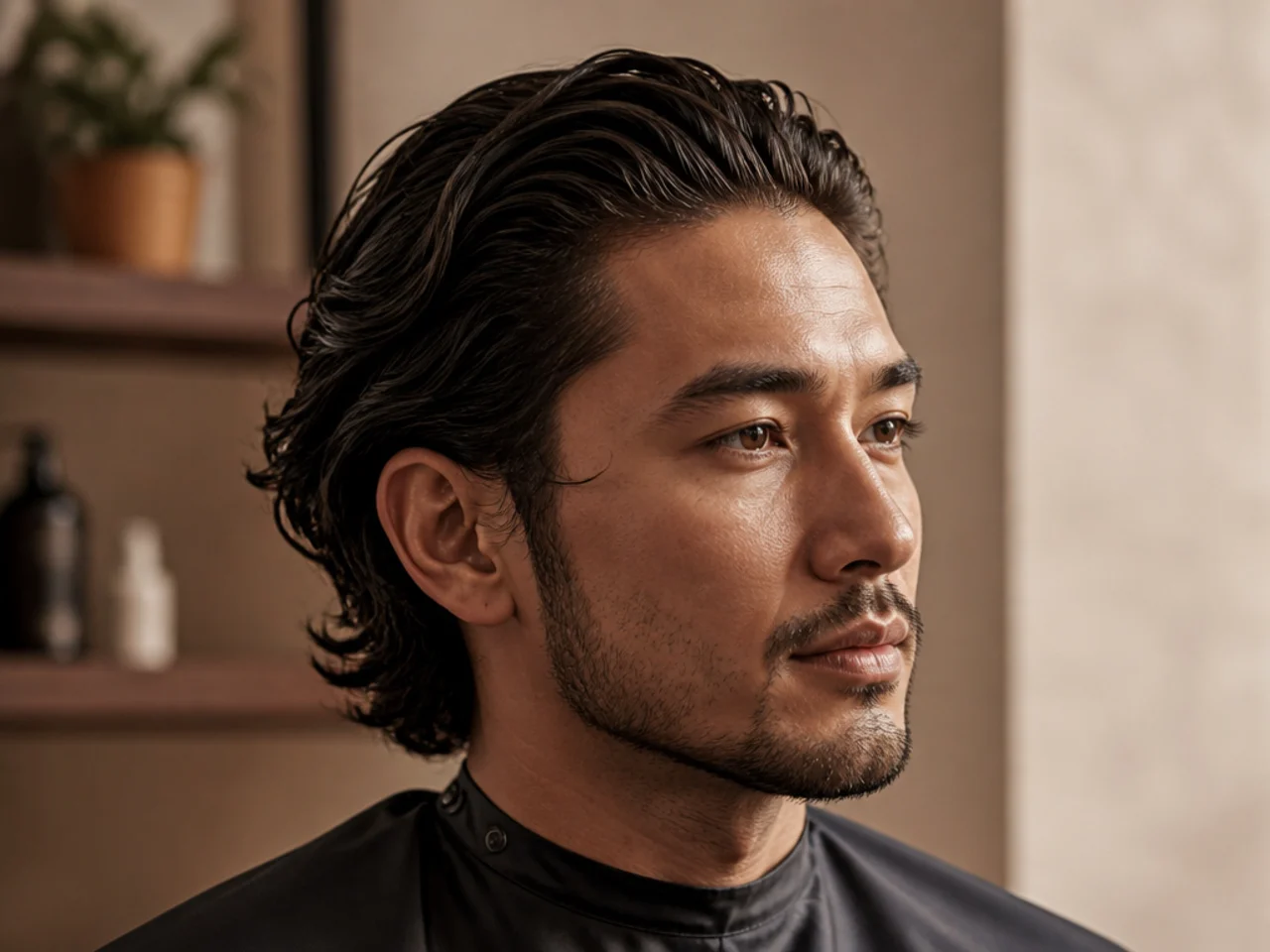 Slick back and side part on wavy hair