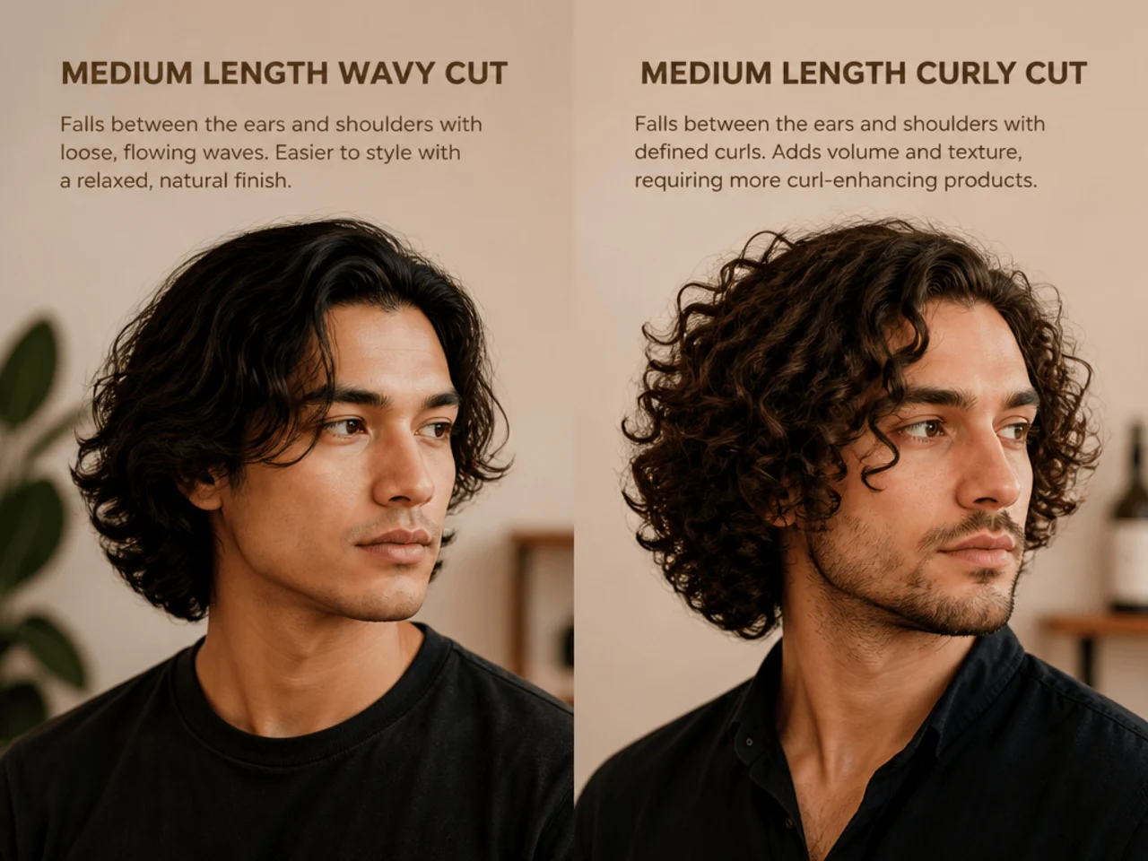 Difference between medium length wavy and curly cuts for men