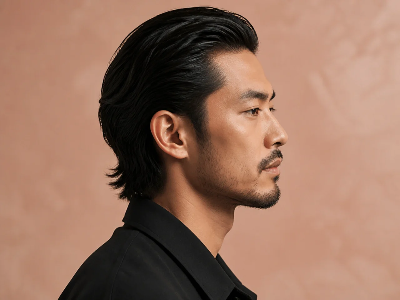 Medium slick back with pomade shine and mid fade