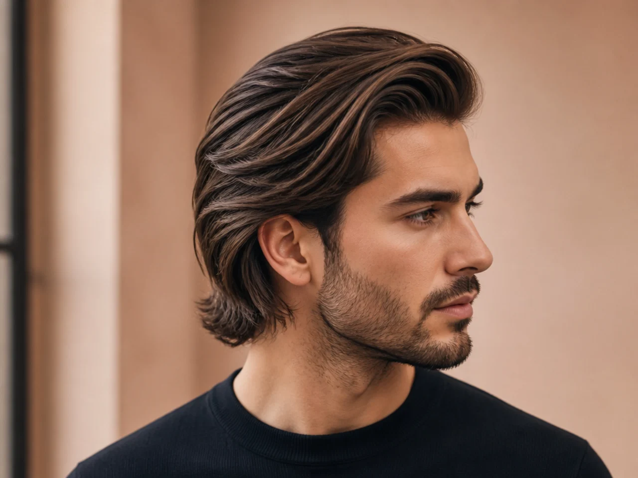 Long comb over with hard side part and tapered sides