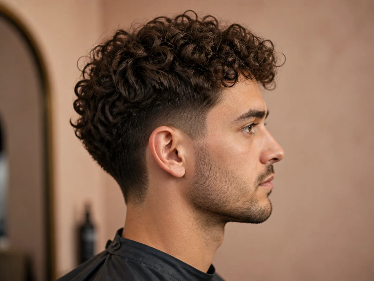 Medium curly cut with defined curls and low taper fade