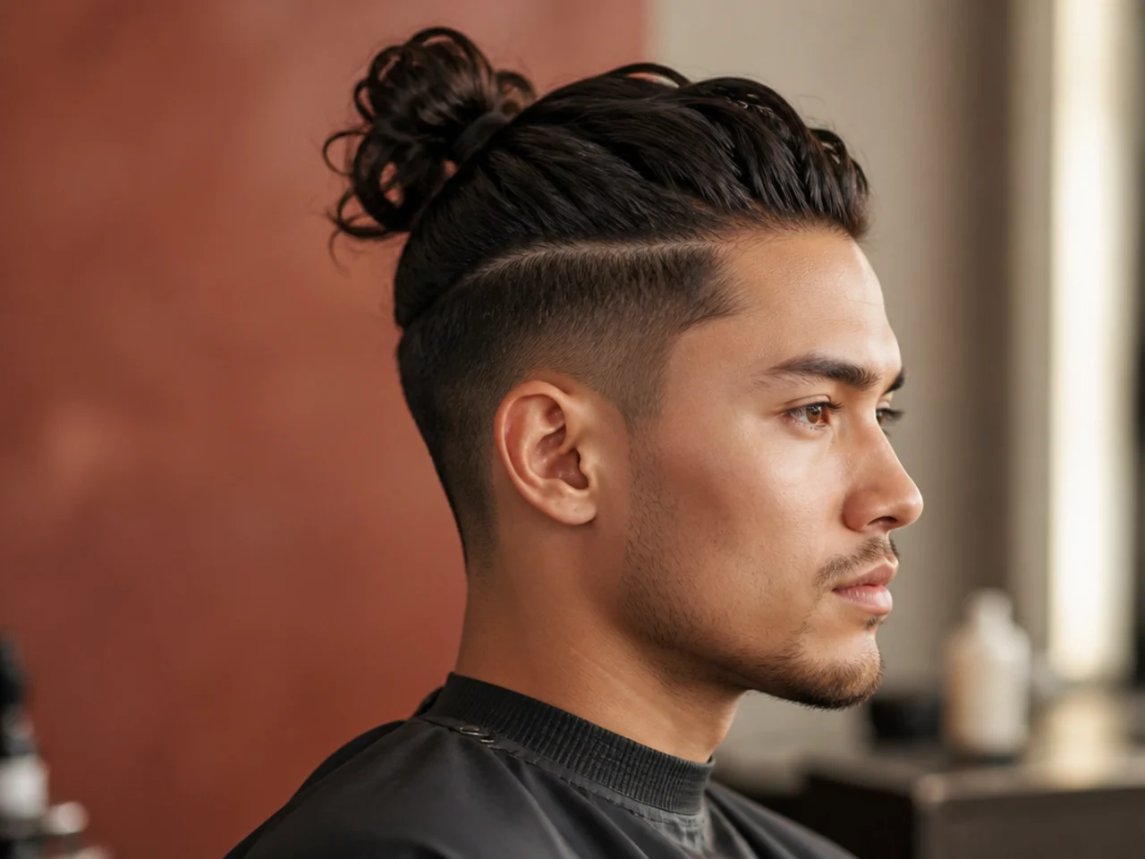 Top knot cut with medium length top and skin fade sides
