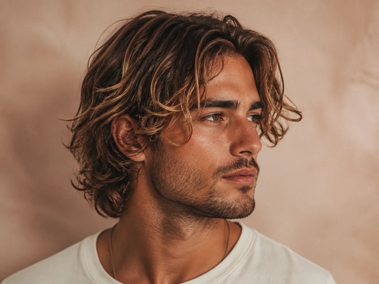 Medium surfer cut with tousled waves and beachy texture