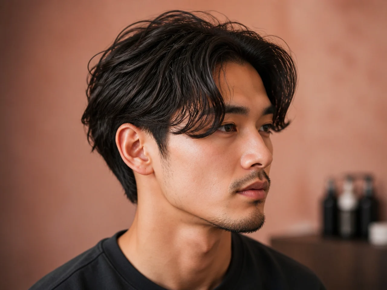 Medium comma hair with curved fringe and mid fade