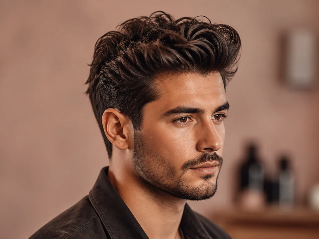 Textured pompadour with matte finish and mid taper