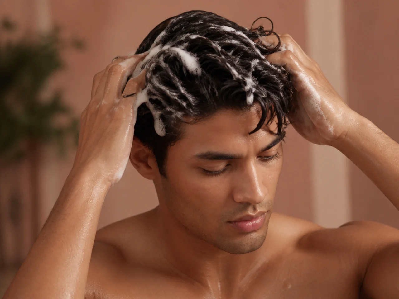 Washing and conditioning hair before medium middle part styling